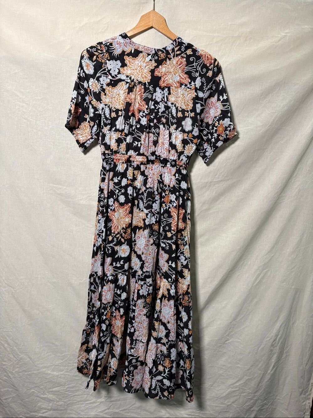 Saks Fifth Avenue Floral Midi Dress Black Cotton Tassel Tie Waist Size Medium - Picture 3 of 10